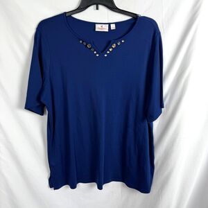 Quacker Factory Women's Top Size 2X Blue Short Sleeves Beaded Neckline
